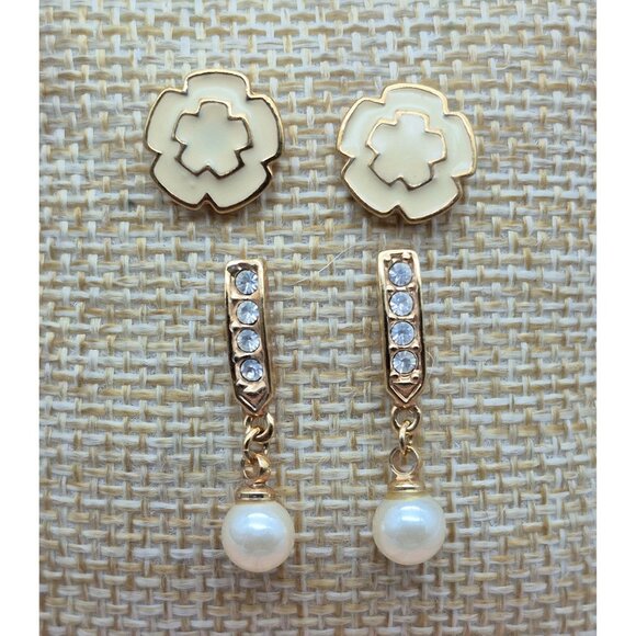 Lot of 2 Dainty Earrings MONET Cream Stud Flowers & Oman Drop Pearl & Rhinestone - Picture 1 of 10